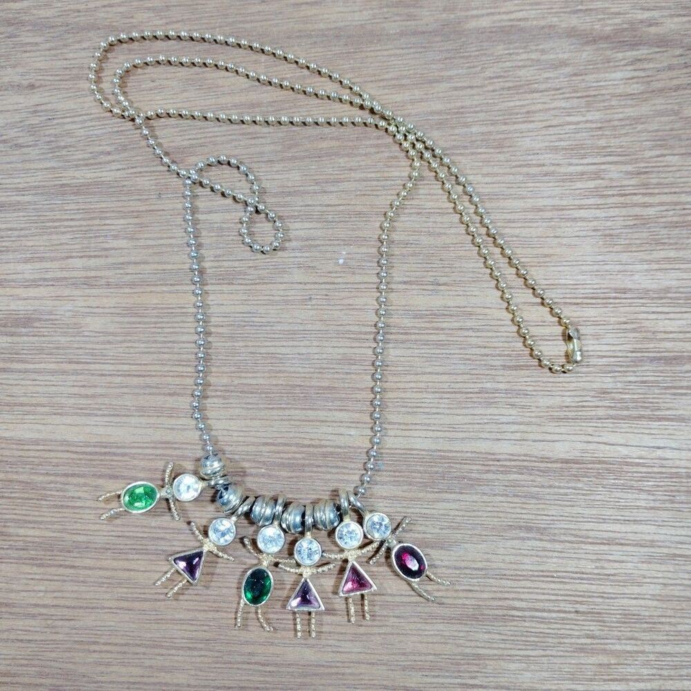 Vintage Birthstone Necklace Charms Kids Children Crystal Gold Tone Bead Chain
